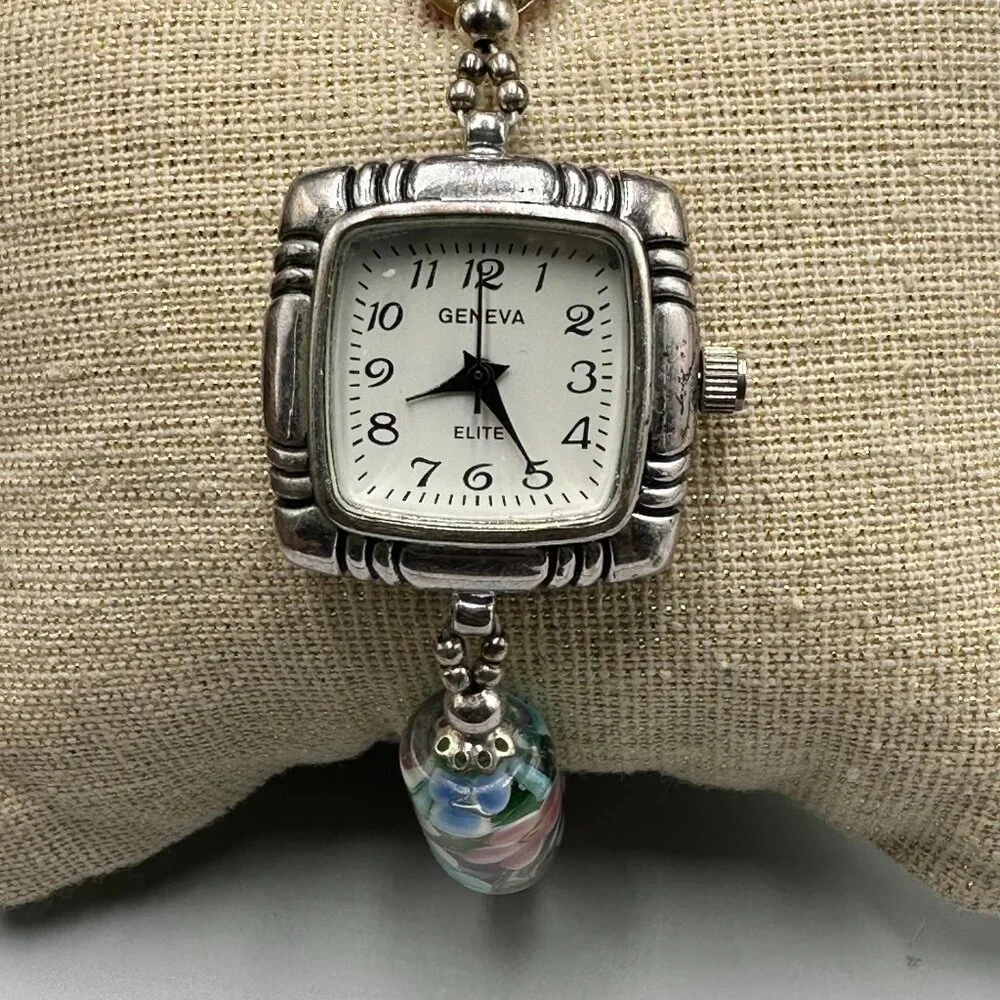 Geneva Watch Women Silver Tone Floral Glass Bead Bracelet New Battery 7 Inch